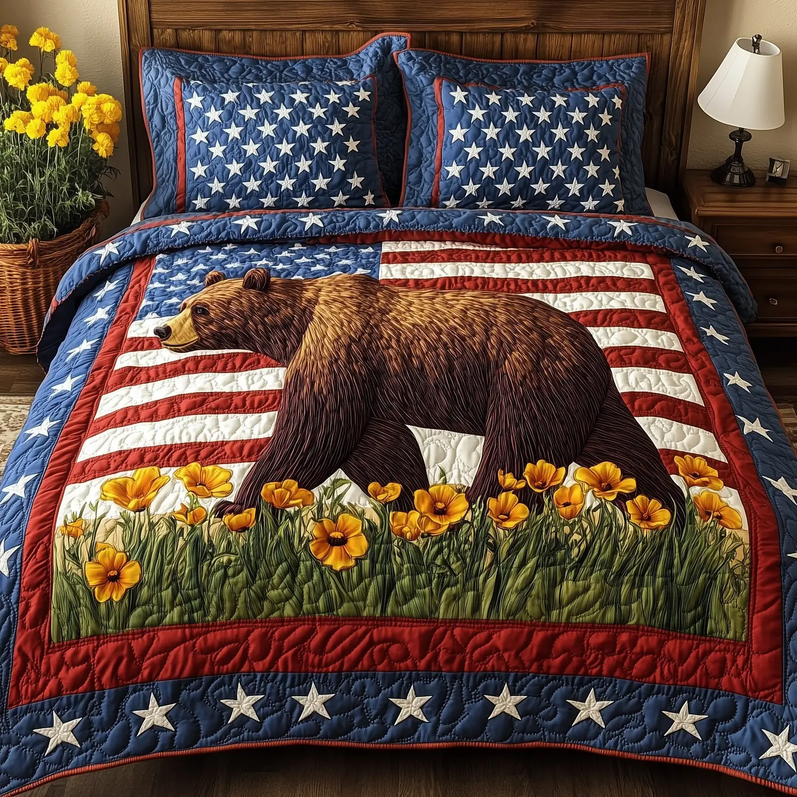 The Patriotic Grizzly  Quilted Bedding Set  King Size Quilt Fourth Of July Gift Ideas
