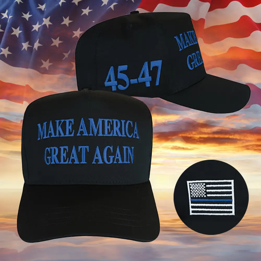 Thin Blue Line Dark Maga Hat Embroidered Black MAGA Hat Never Surrender Trump 2024 Merch Police