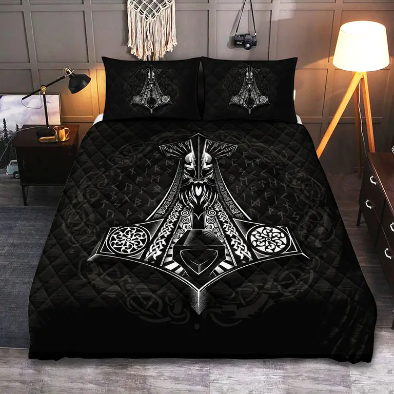 Thor's Hammer Mjolnir Viking Quilted Bedding Set Holiday Bedroom Decor Viking Fan Gifts