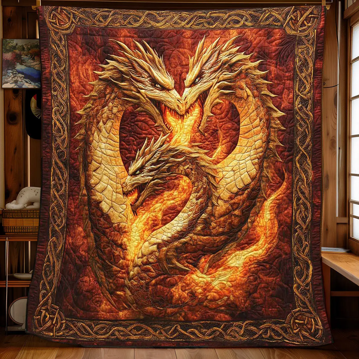 Three-Headed Dragon Fire Quilt Blanket Ideal Cozy Gifts For Dragon Lovers