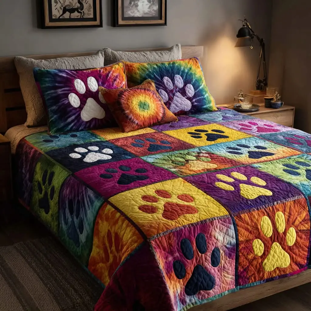Tie Dye Paws Quilt Bedding Set Loving Paws Bedspread Gift for Dog Cat Mom