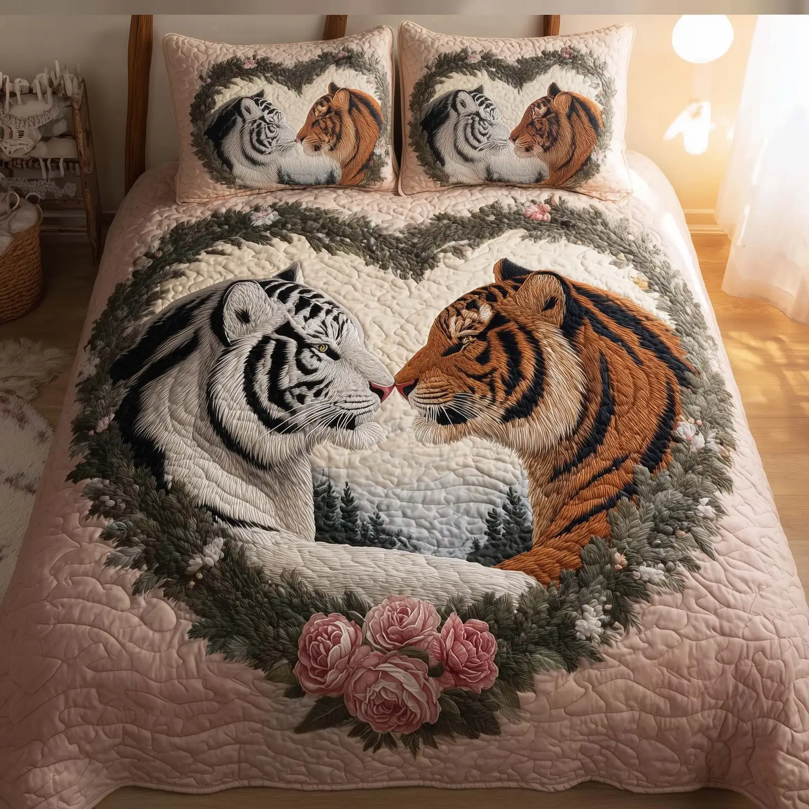 Tiger Couple Quilted Bedding Set Great Bedspread Set Valentine Day Gift For Tiger Lovers