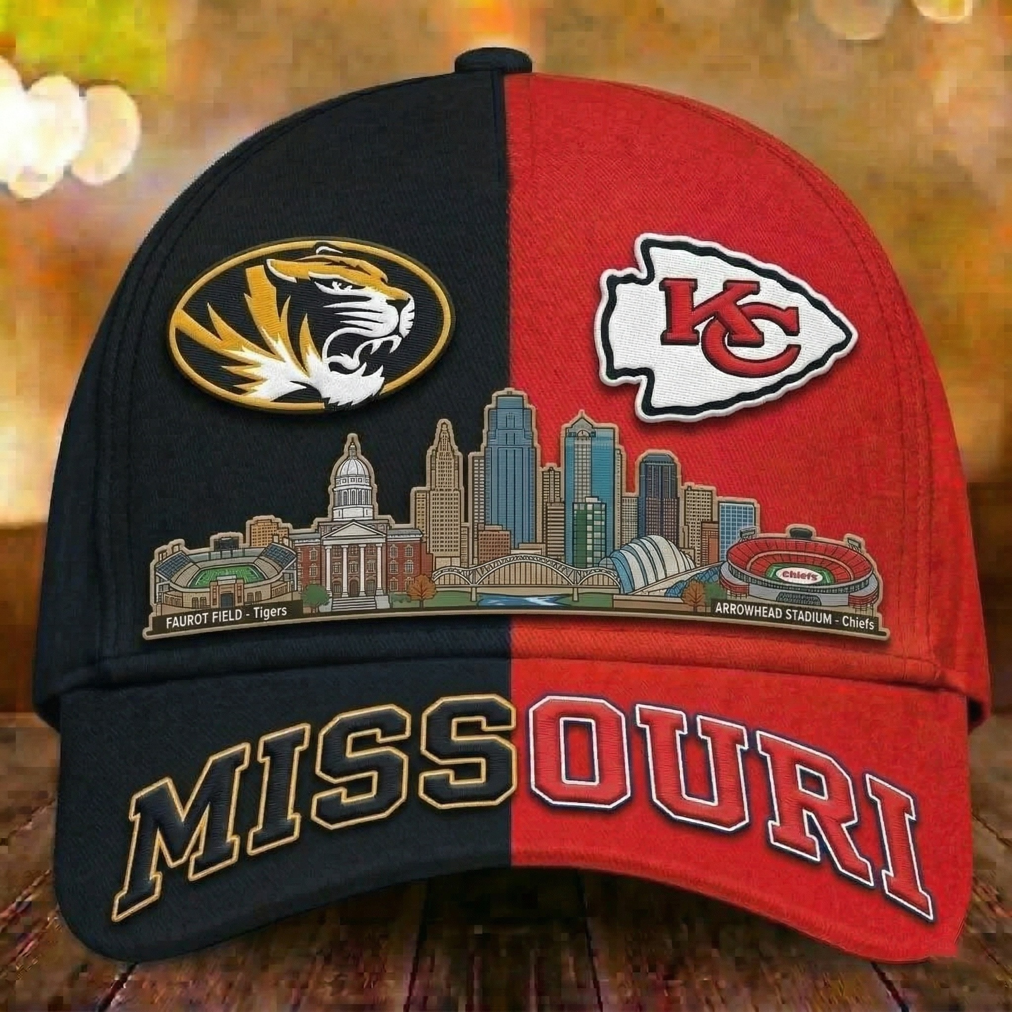 Tiger KC Chiefs Missouri Baseball Cap City Skyline Stadiums Merch Gift For Sports Lover