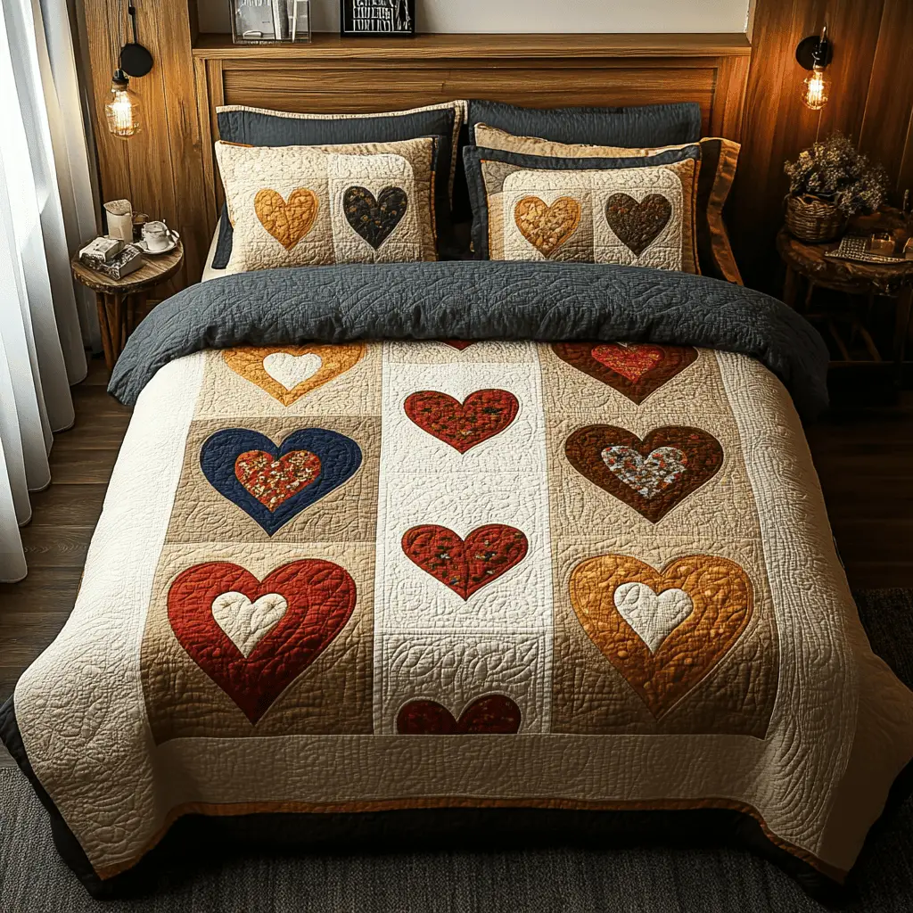 Timeless Hearts Quilted Bedding Set Vintage Home Decor First Valentine Gift For Boyfriend