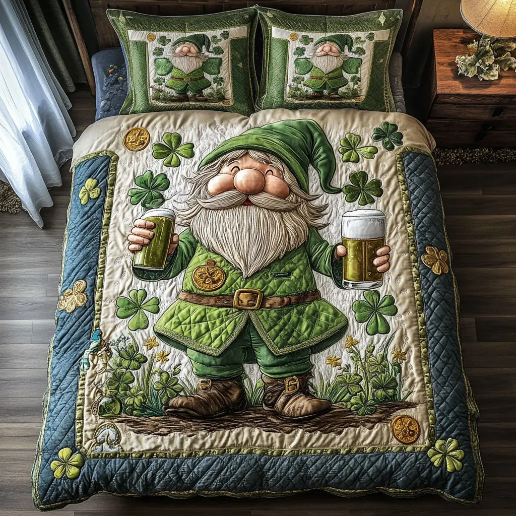 Tiny Clover Gnome Quilted Bedding Set Shamrock Duvet Cover St Patricks Day Gift For Lovers