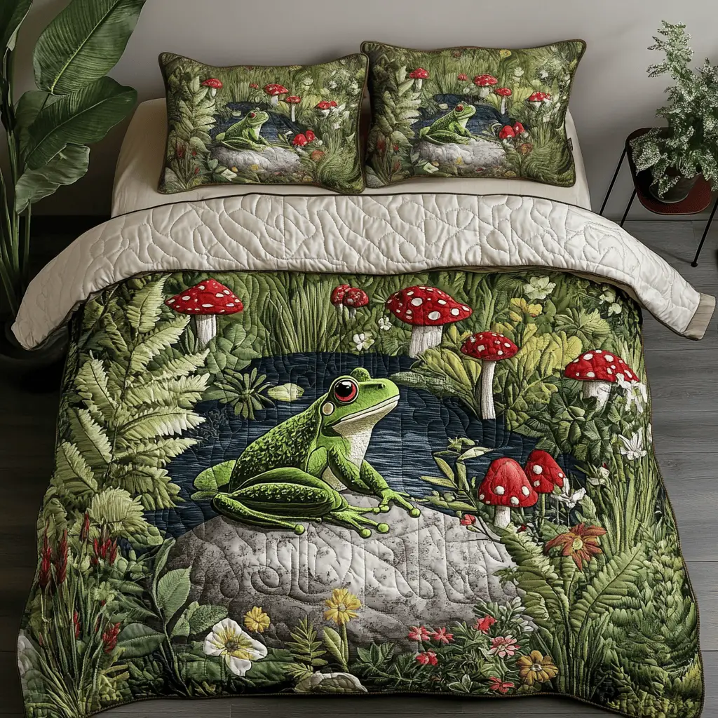 Toadstool Tales Quilted Bedding Set Best Bed Sheet Set Gift For Frog Lover Toadstool Tales Quilted Bedding Set Best Bed Sheet Set Gift For Frog Lover - Image 1