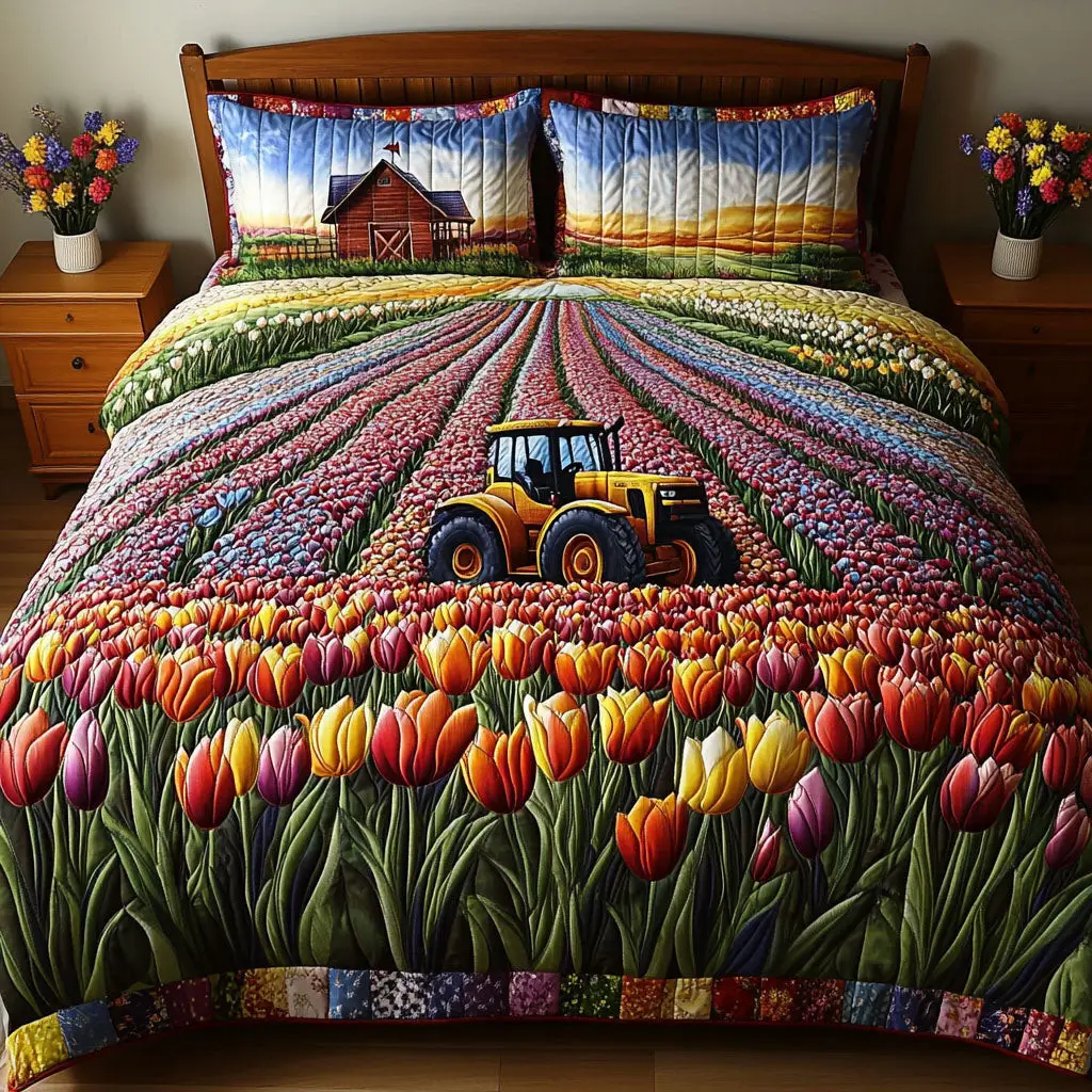 Tractor In Bloom Quilted Bedding Set Elegant Bed Linen Set for Cozy Nights