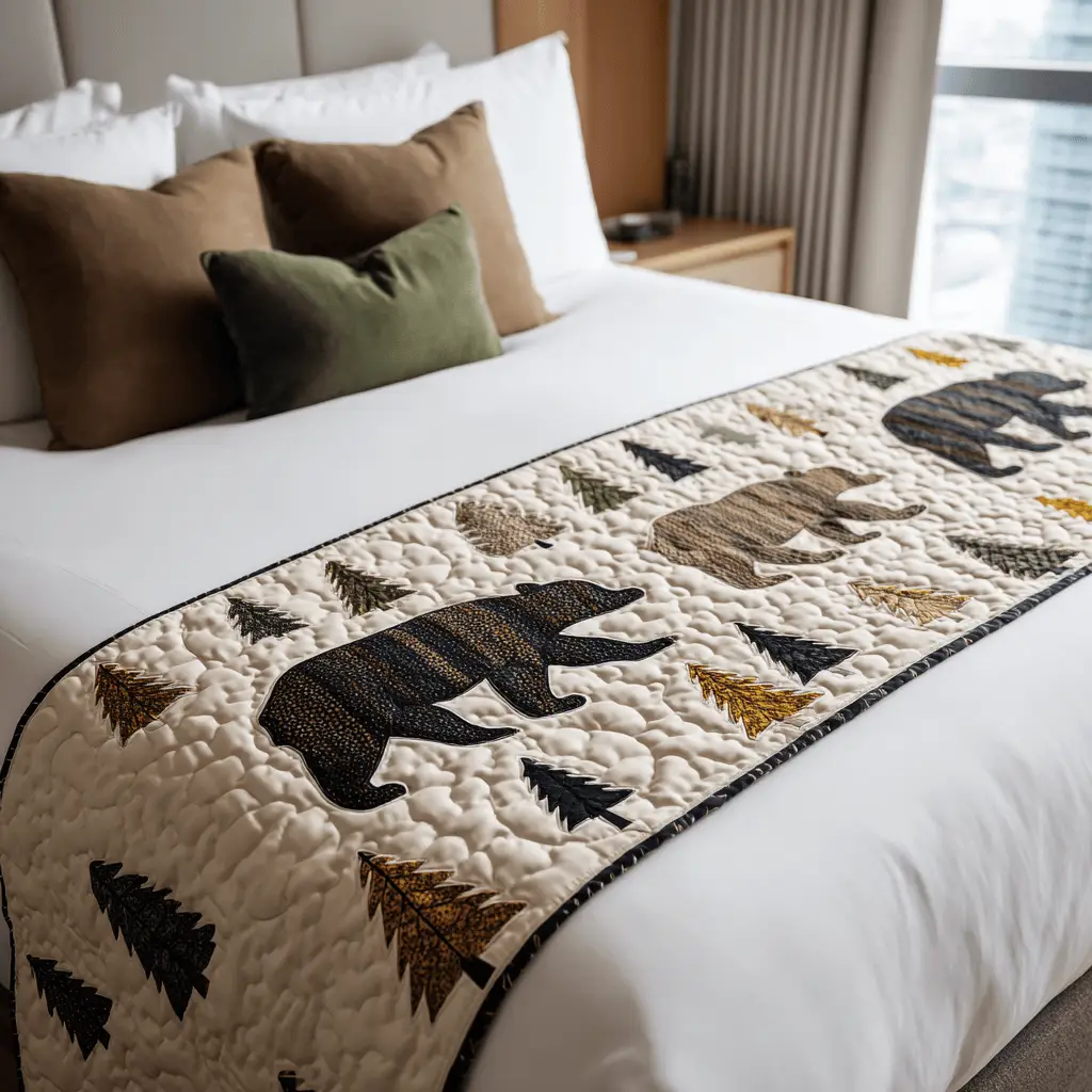 Trail of the Bear Quilted Bed Runner Bear Trail Design Cabin Gift