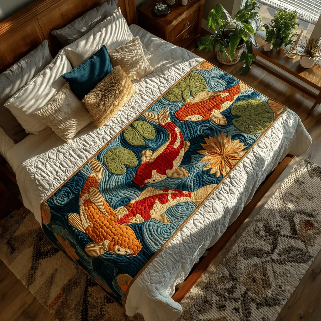 Tranquil Koi Quilted Bed Runner Tranquil Koi Pond Peaceful Home Gift
