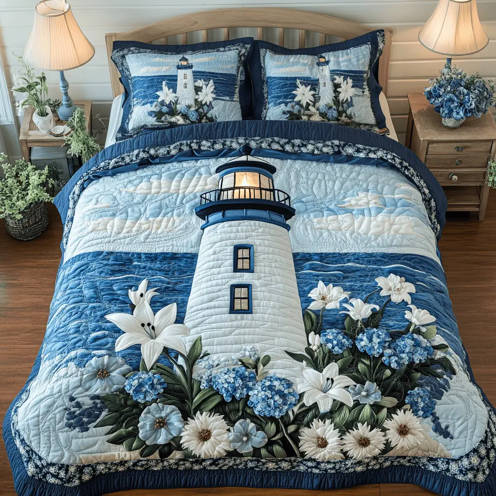 Tranquil Lighthouse Quilted Bedding Set Lovely Bedroom Gift Idea for Housewarming