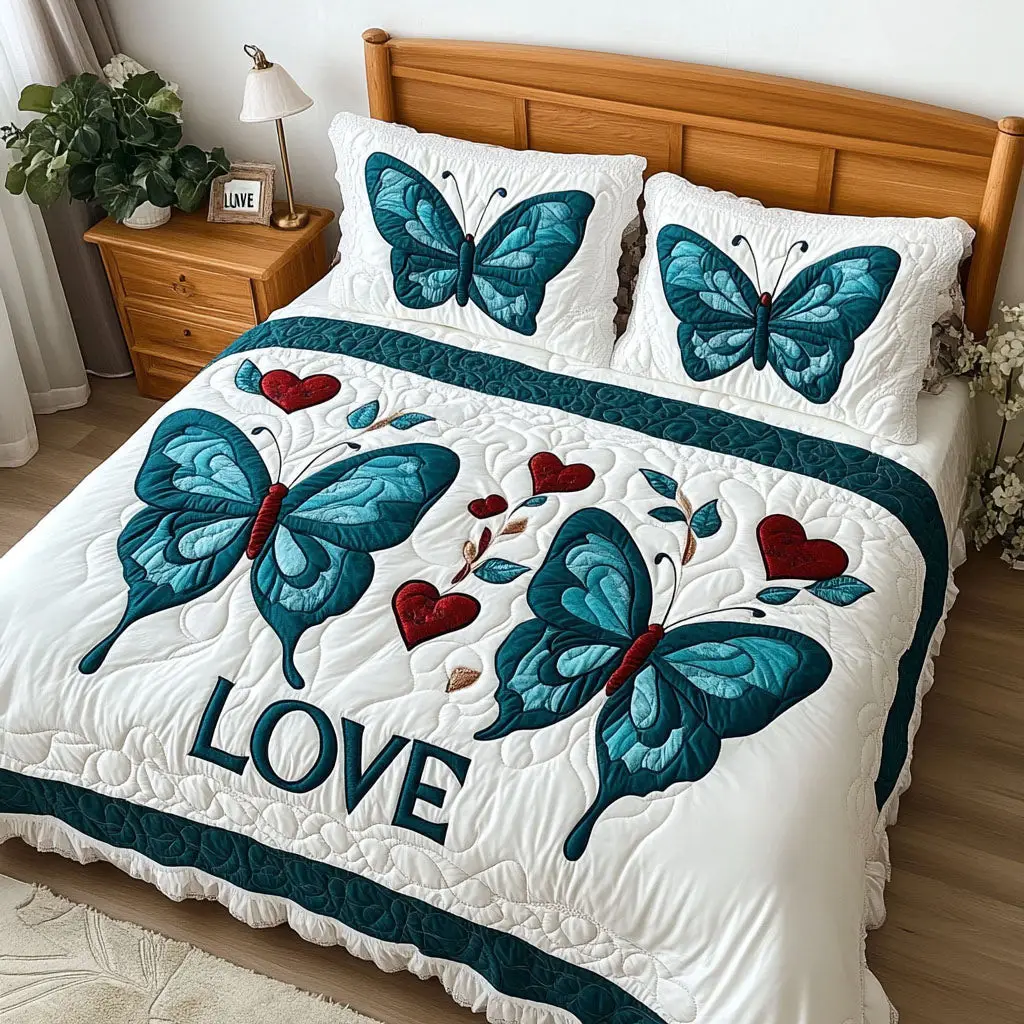 Transformative Love Quilted Bedding Set Butterfly Vintage Room Decor Valentines Gifts Idea
