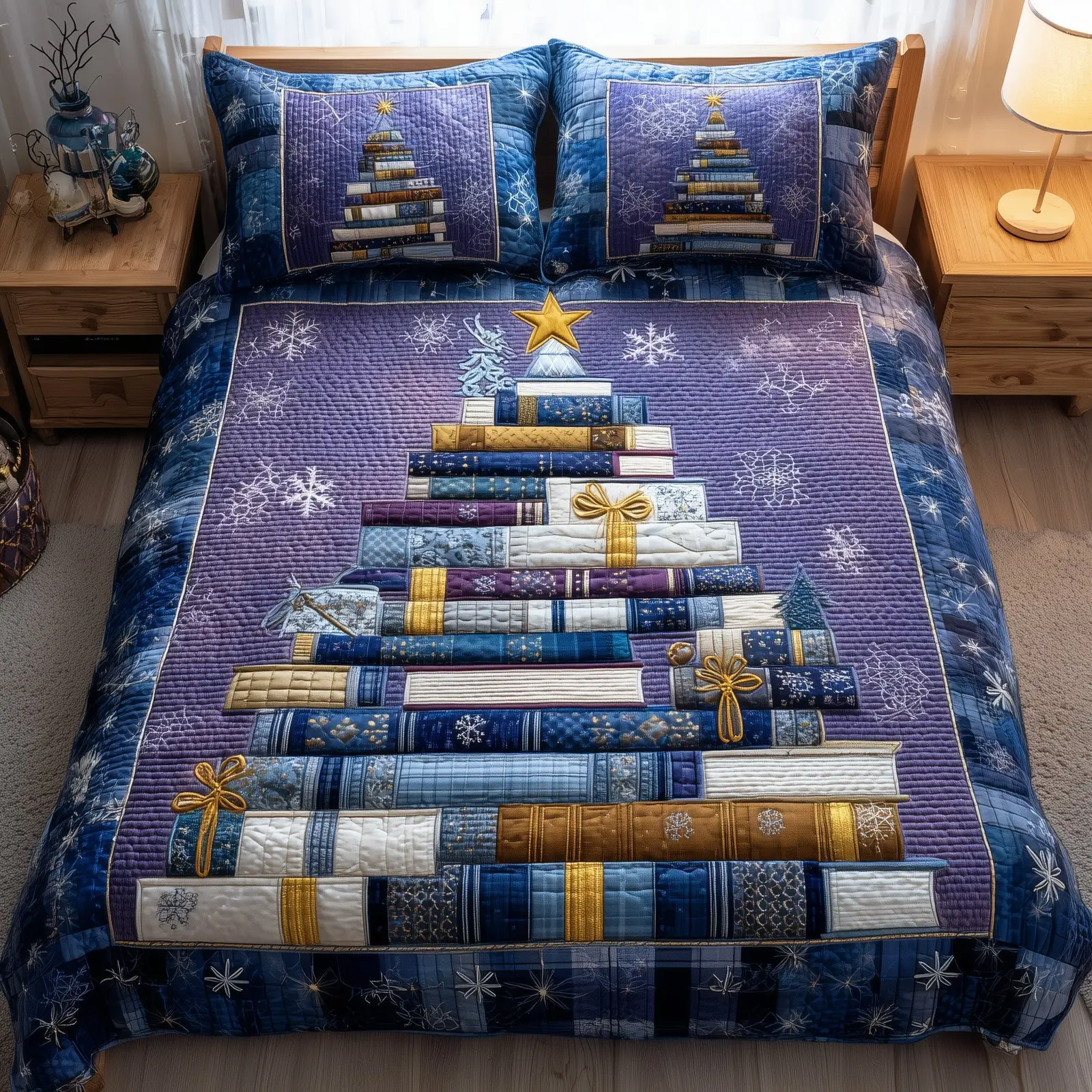 Tree Of Books Christmas Quilted Bedding Set Duvet Cover Bedspread Christmas Presents For Book Lovers Tree Of Books Christmas Quilted Bedding Set Duvet Cover Bedspread Christmas Presents For Book Lovers - Image 1