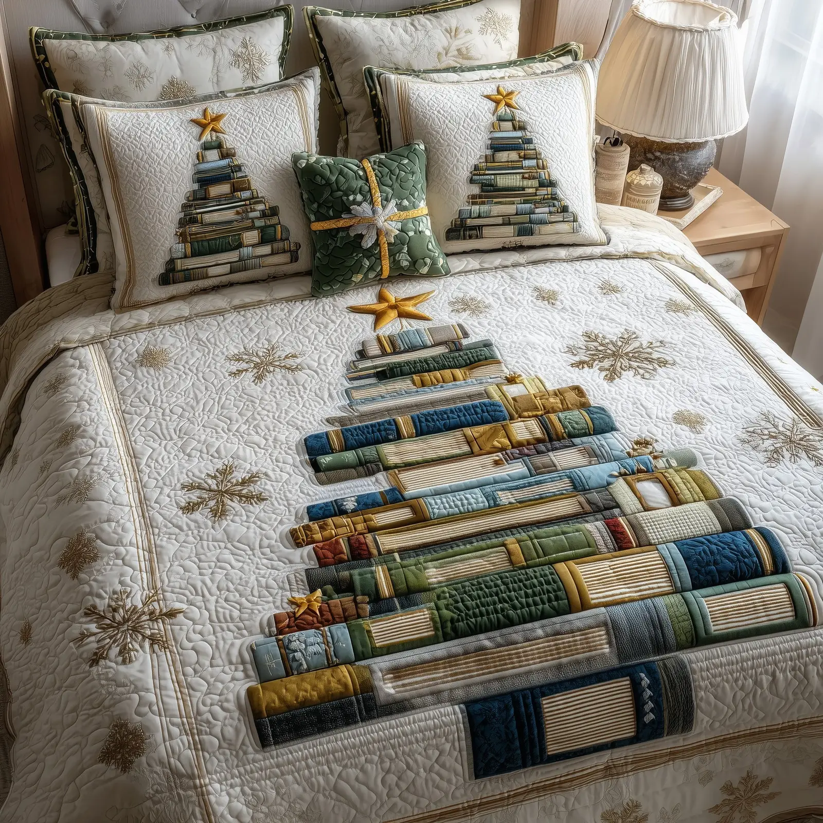 Tree Of Books Christmas Quilted Bedding Set Duvet Cover Bedspread Cute Chrismas Holiday Present Ideas