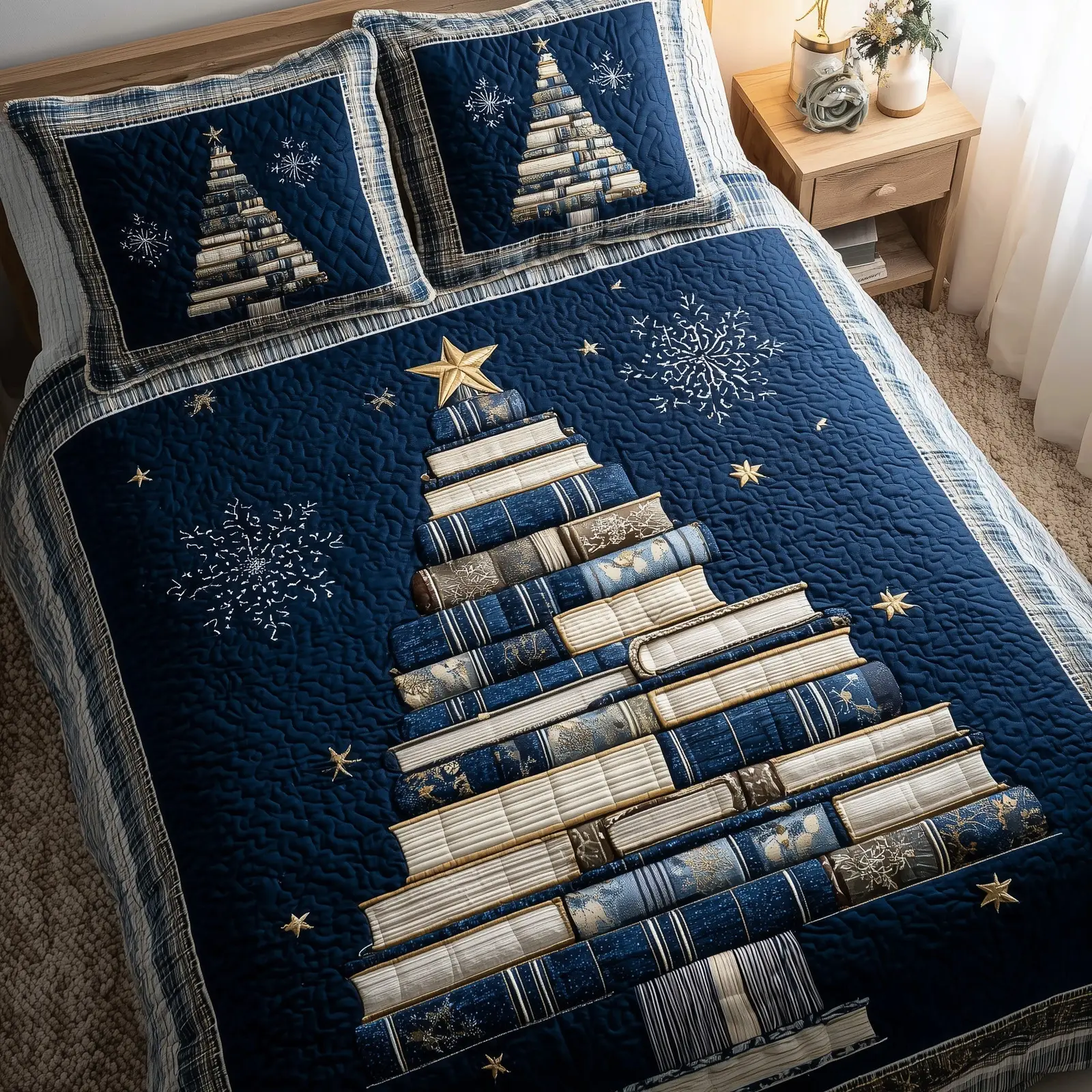 Tree Of Books Christmas Quilted Bedding Set Duvet Cover Bedspread Xmas Holiday Presents