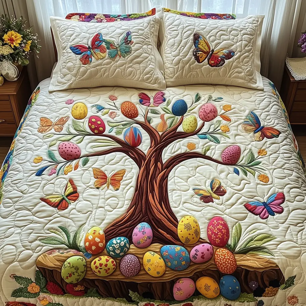 Tree Of Easter Eggs Quilted Bedding Sets Easter Cross Christian Decor Gift For Daughter