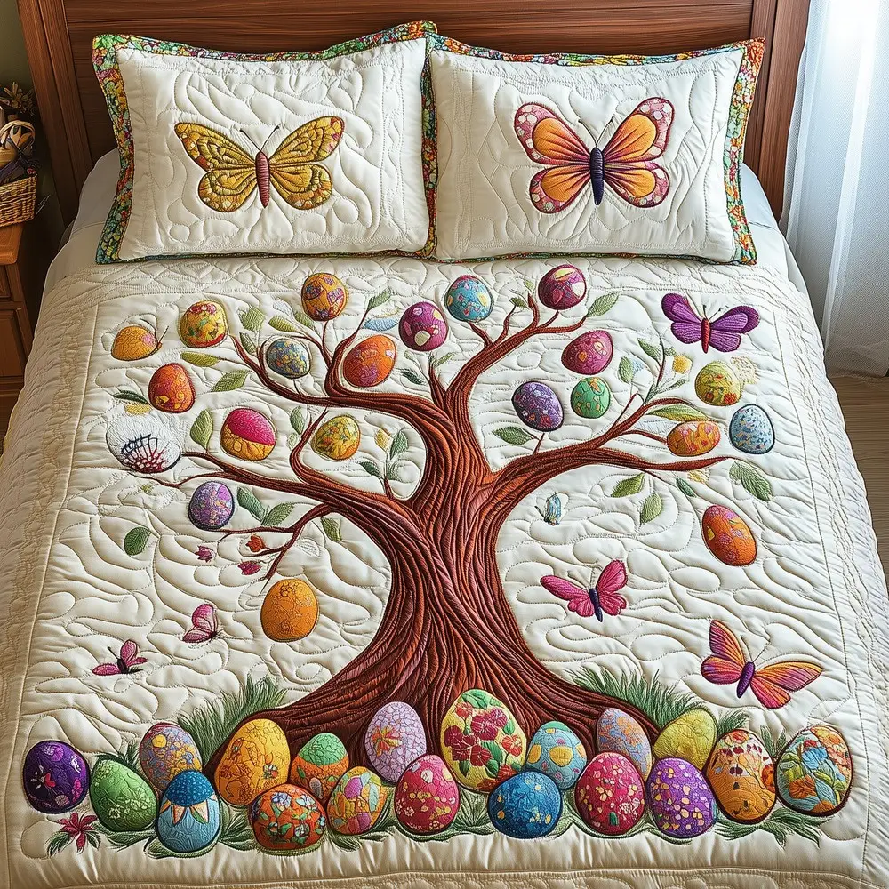Tree Of Easter Eggs Quilted Bedding Sets Easter Cross Christian Decor Gift For Mom