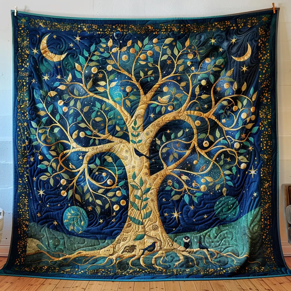 Tree Of Life Celestial Quilted Blanket Night Sky Gold Art Cozy Throw Bedding Best Gift For Nature Lovers