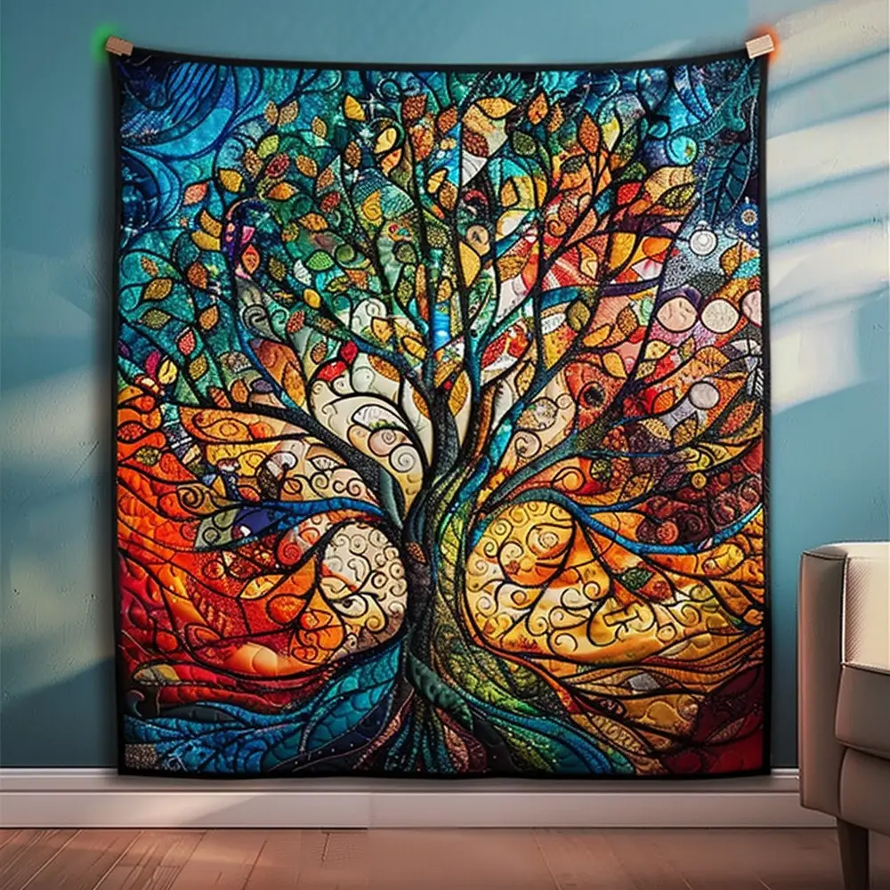 Tree Of Life Stained Glass Quilted Blanket Bohemian Nature Art Throw Best Gift For Nature Art Lovers