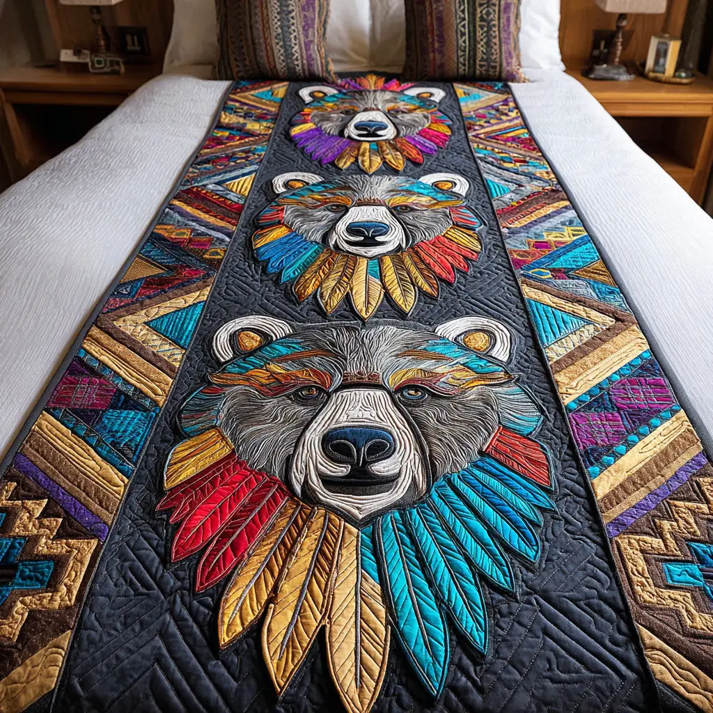 Tribal Bear Power Quilted Bed Runner Tribal Bear Strength Nature Home Gift