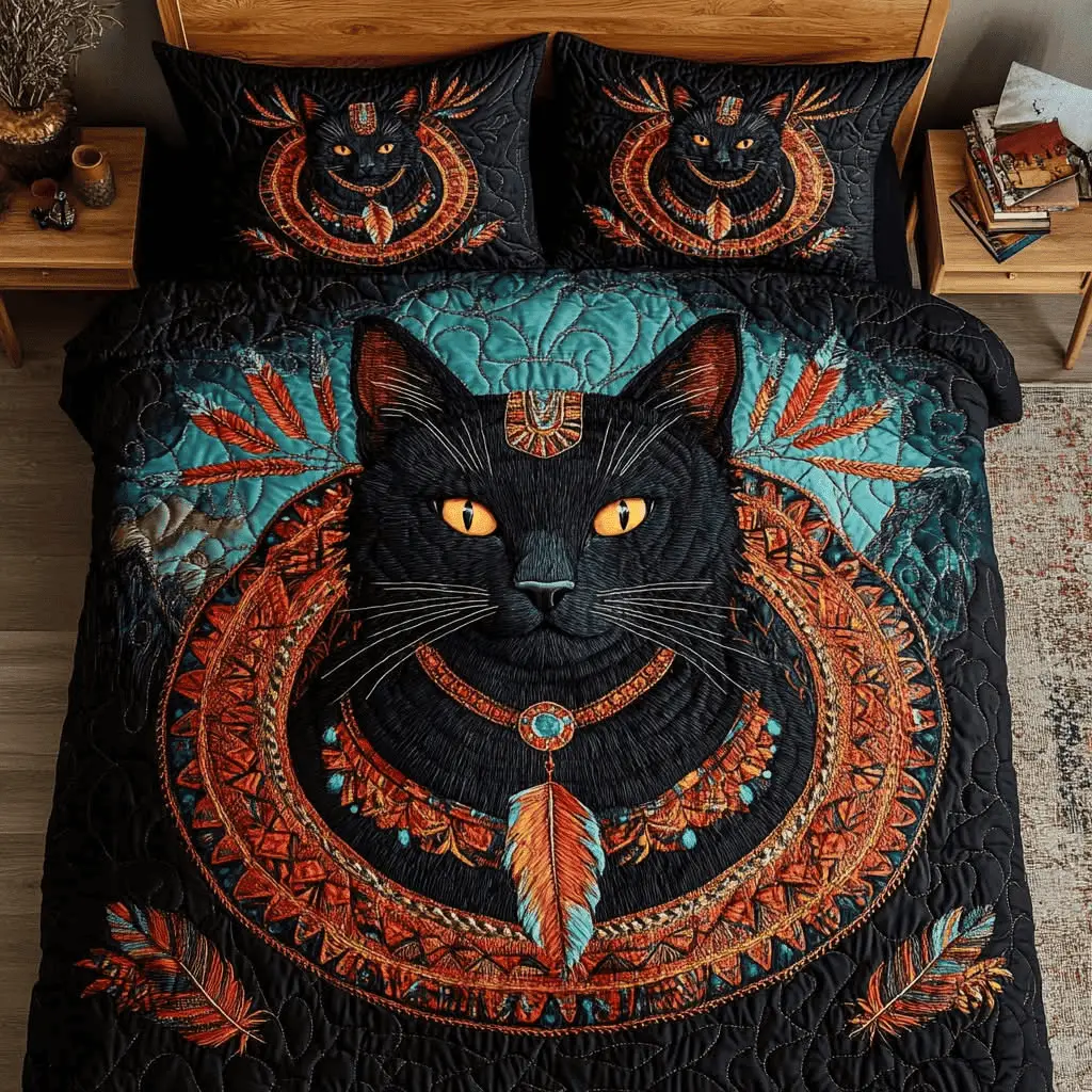 Tribal Cat Quilt Bedding Set Native American Bedspread Black Cat Themed