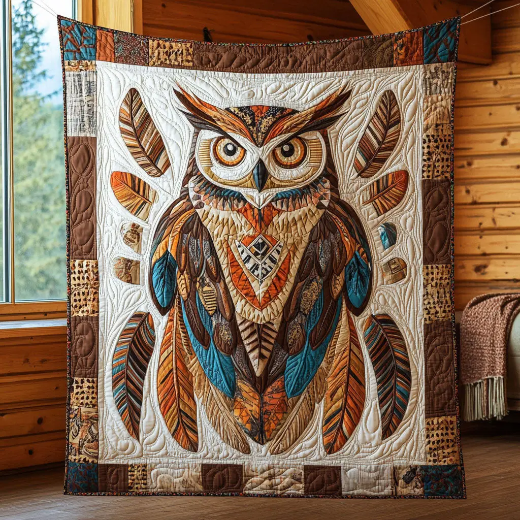 Tribal Owl Quilt Luxury Quilt Blanket with Decorative Stitching
