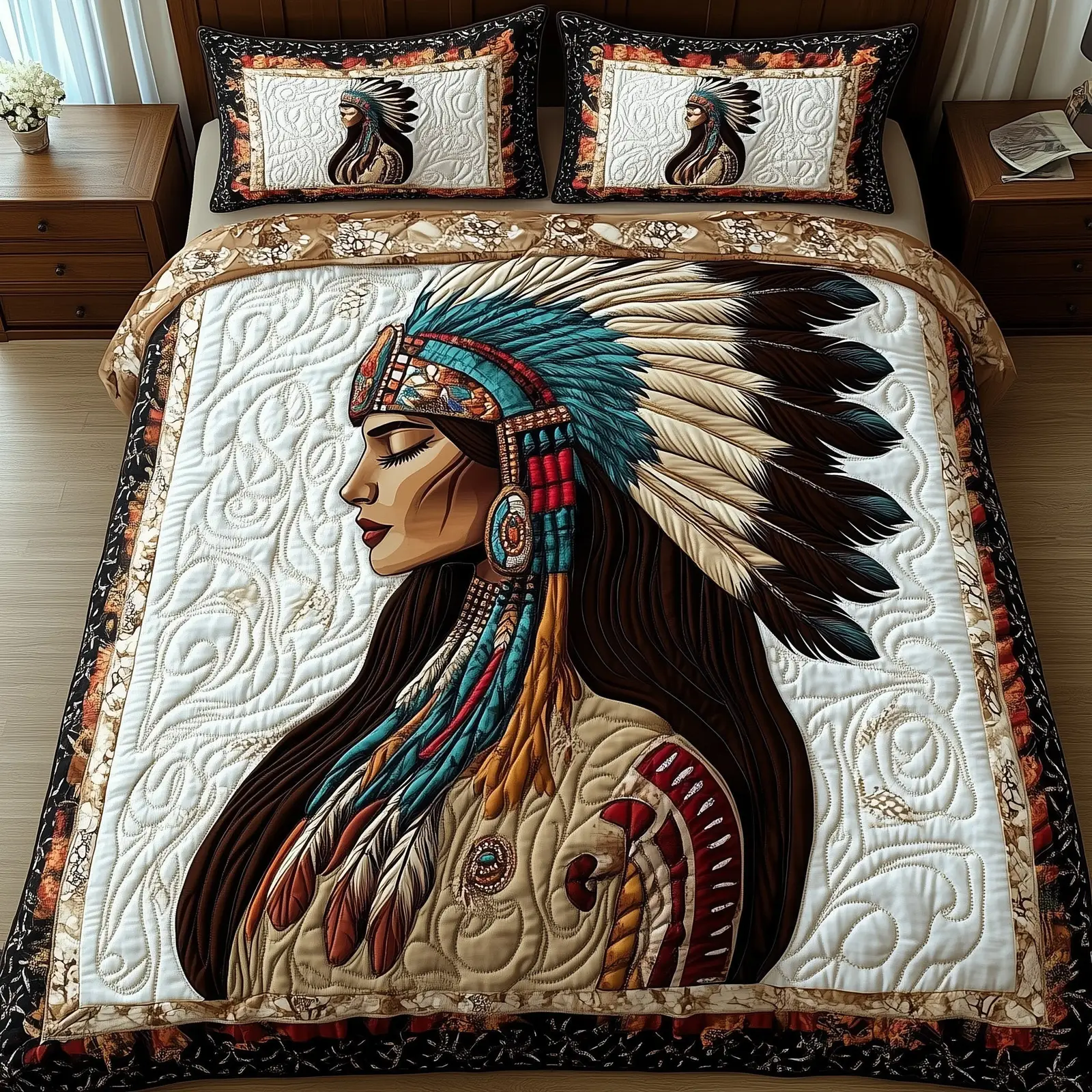 Tribal Queen Quilted Bedding Set Duvet Cover Bedspread Native American Gifts For Her