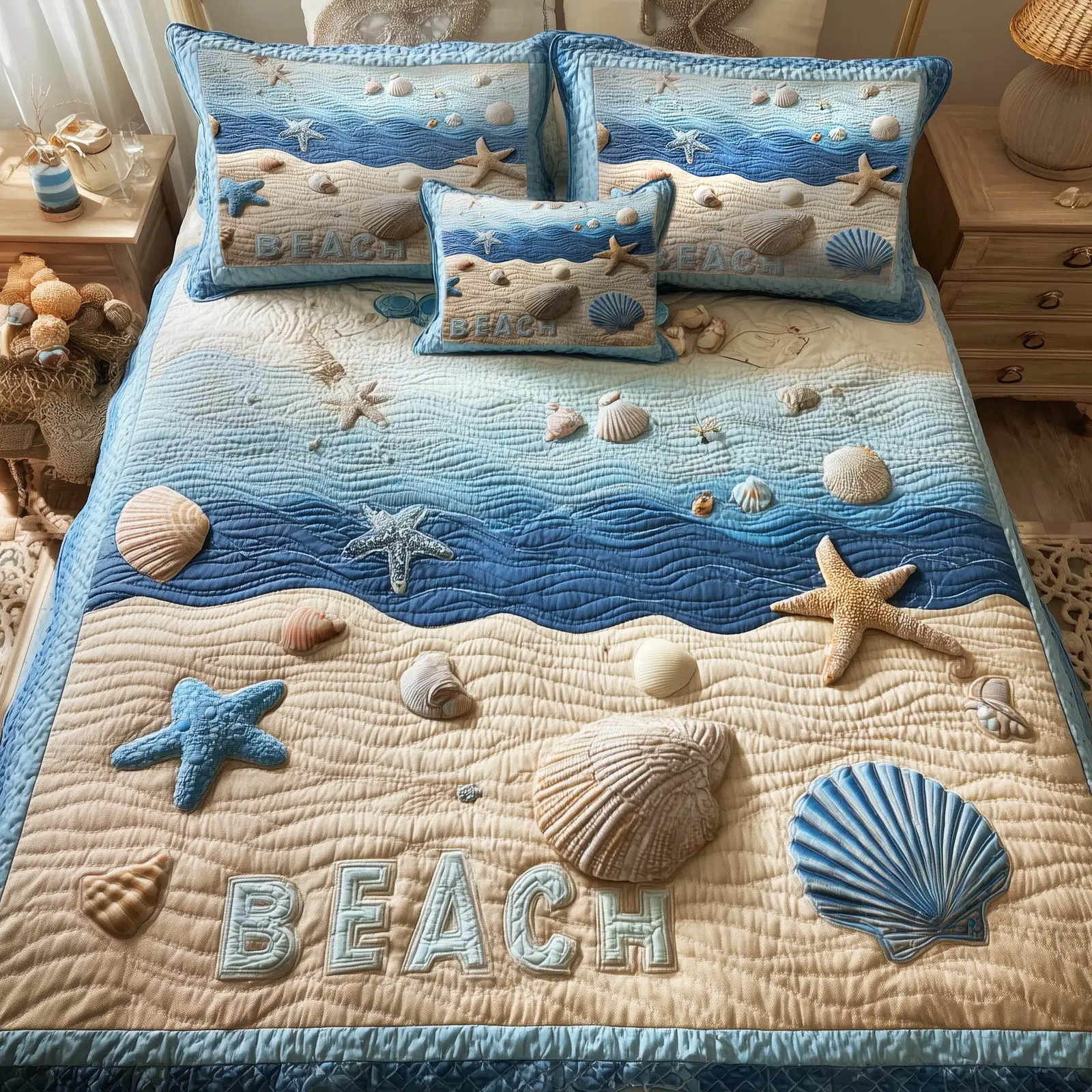 Tropical Beach Quilted Bedding Set For Couples