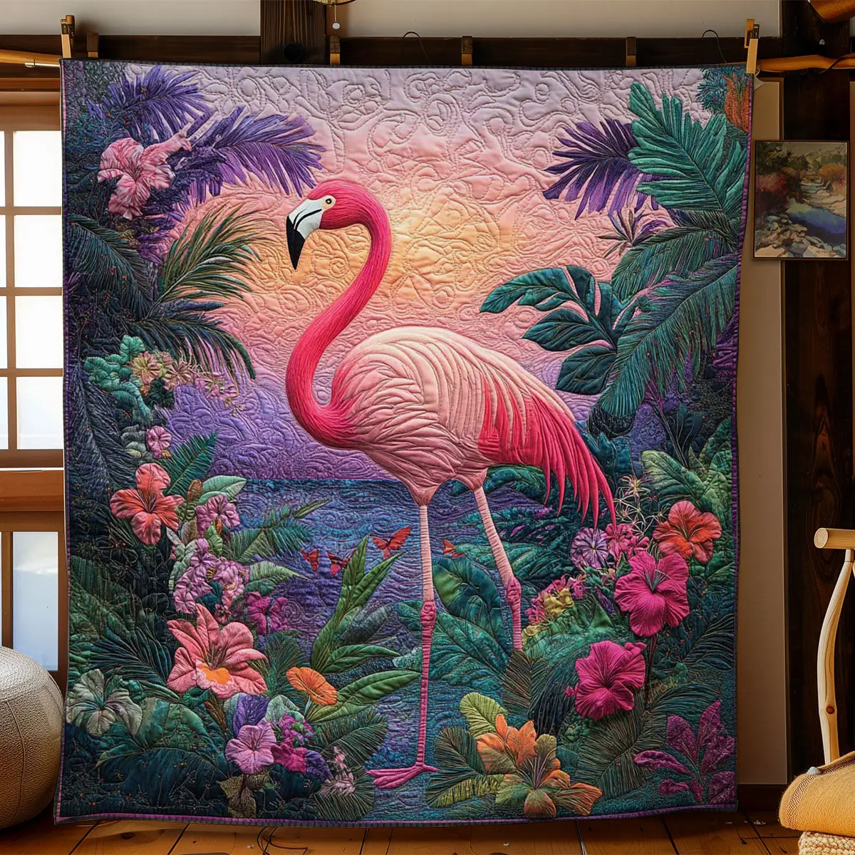 Tropical Flamingo Quilt Trendy Quilt Blanket for Modern Home Interiors