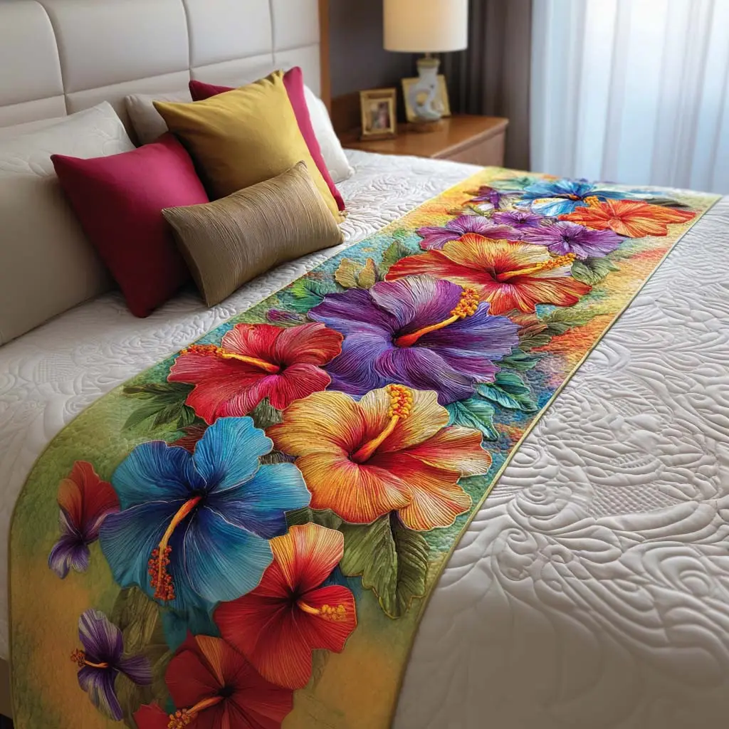 Tropical Hibiscus Quilted Bed Runner Tropical Hibiscus Bloom Summer Gift for Wife