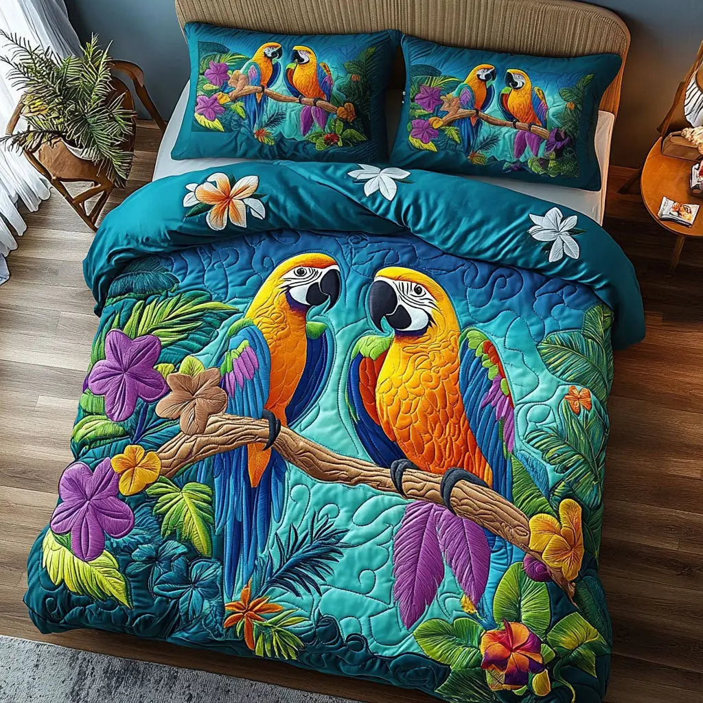Tropical Parrot Quilted Bedding Set Duvet Cover Bedspread  Bedroom Decor Gifts For Ladies