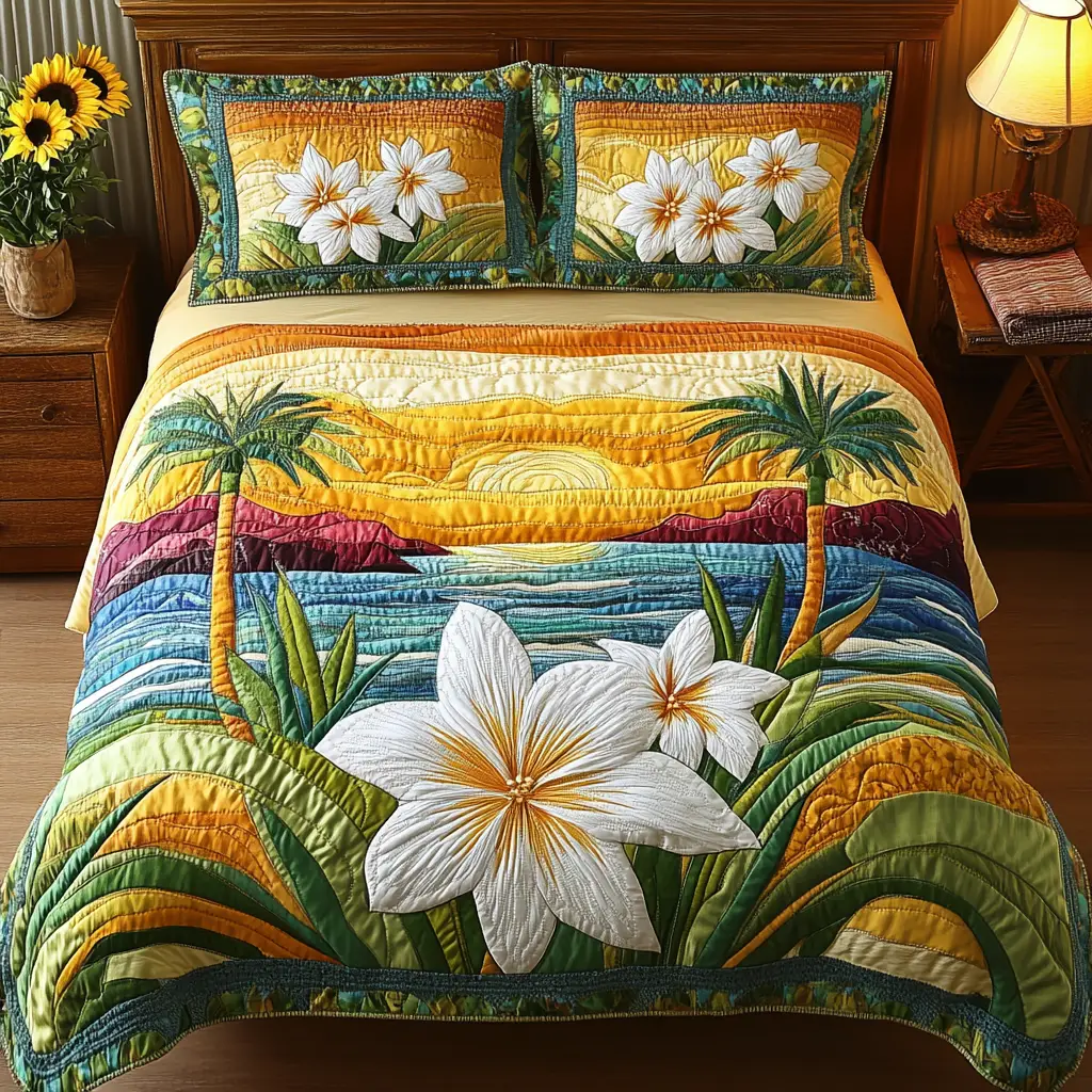 Tropical Plumeria Quilt Bedding Set Summer Beach Duvet Covers Mother's Day Gift For Wife
