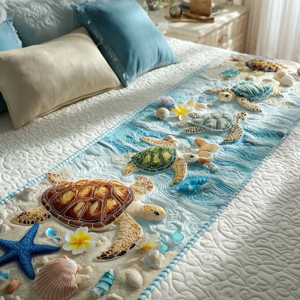 Tropical Turtle Fun Quilted Bed Runner Tropical Turtle Mix Beach Gift for Ocean Lovers