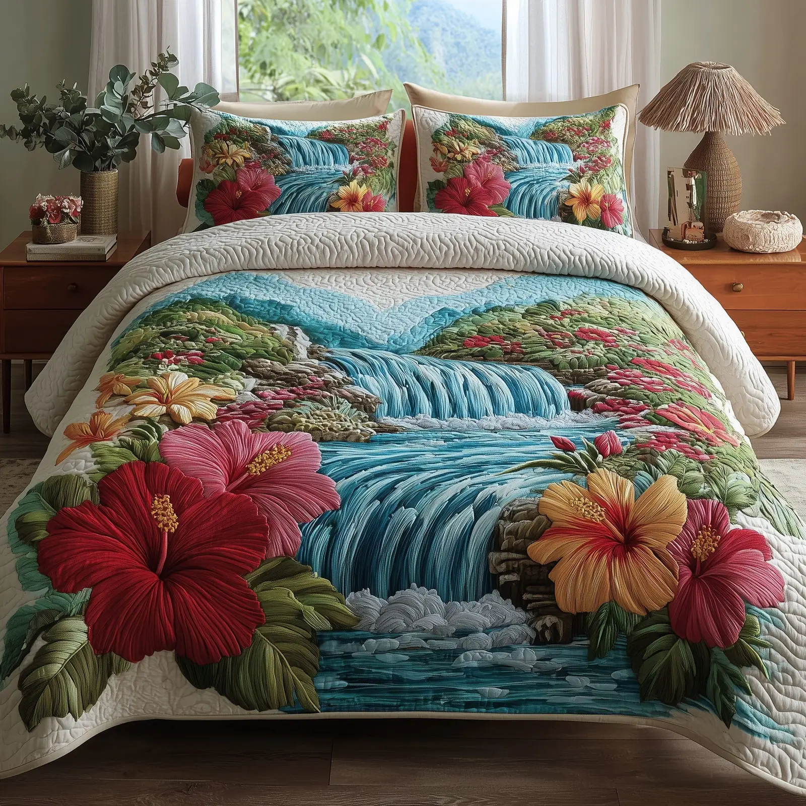 Tropical Waterfall Quilted Bedding Set For Family