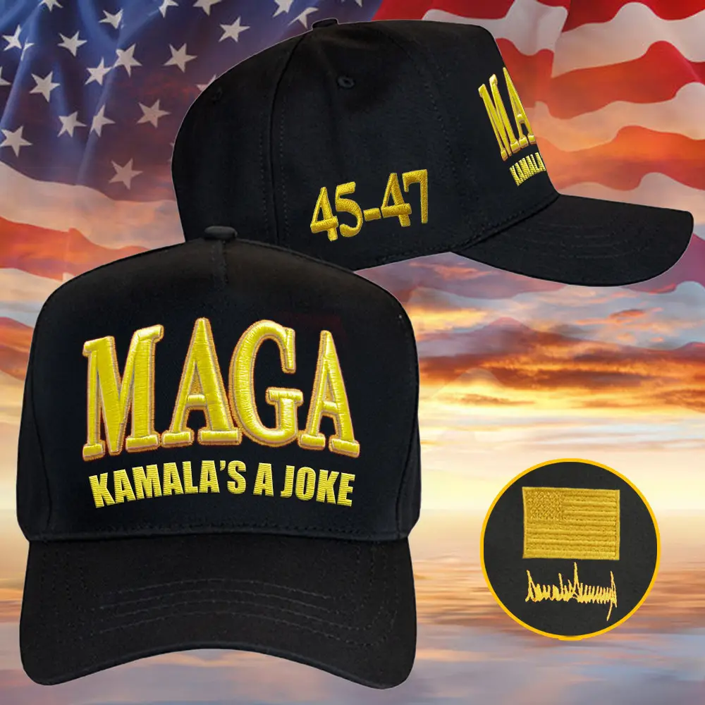 Trump Gold Dark MAGA Hat Embroidered Kamala's A Joke Hat Donald Trump Win 45 47 Merch Trump Gold Dark MAGA Hat Embroidered Kamala's A Joke Hat Donald Trump Win 45 47 Merch - Image 1