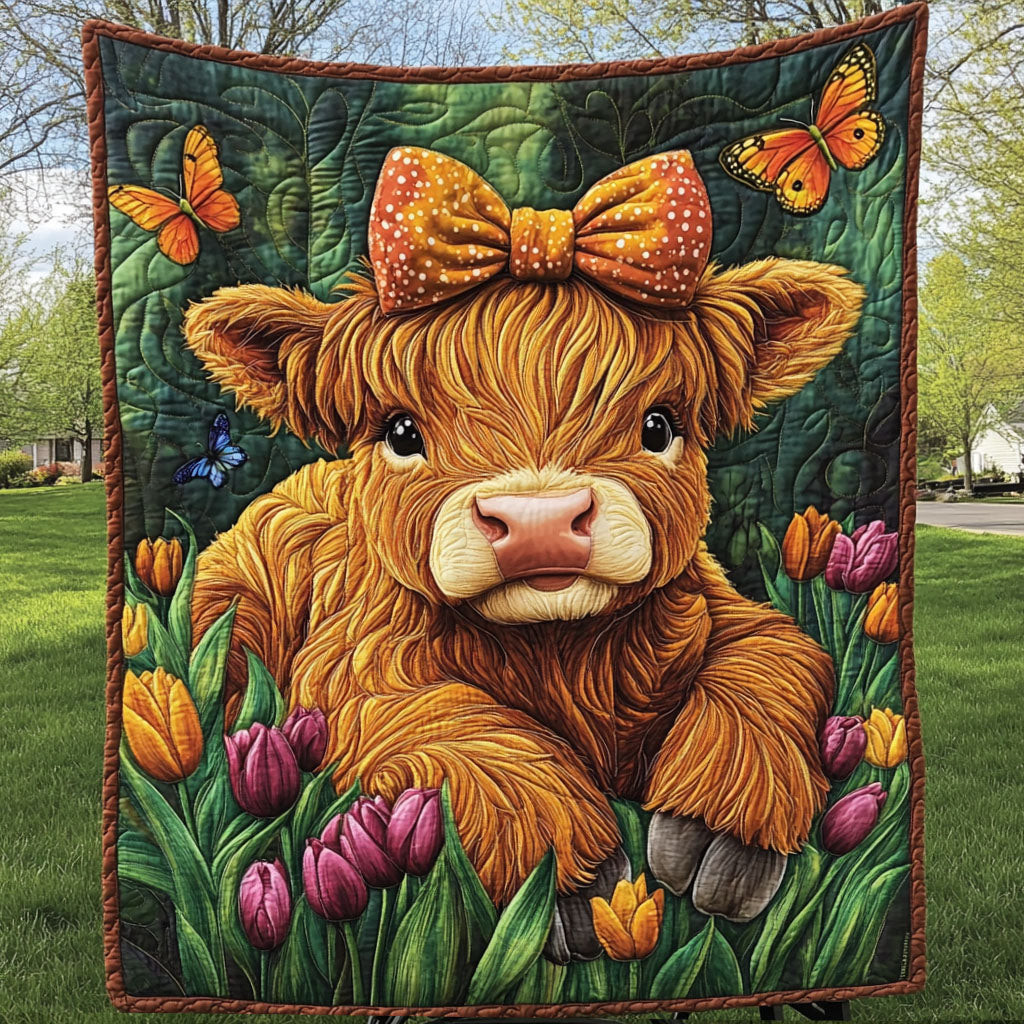 Tulip Field Cuteness Quilted Blanket Cool Throw Blanket Highland Cattle Gifts For Her