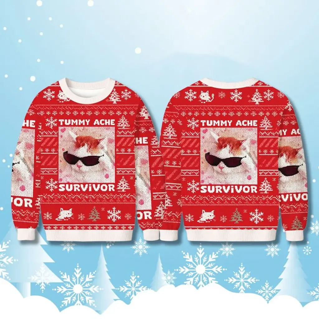 Tummy Ache Survivor Cat Meme Christmas Ugly Sweater Christmas Gifts For Friends - WearandDecor