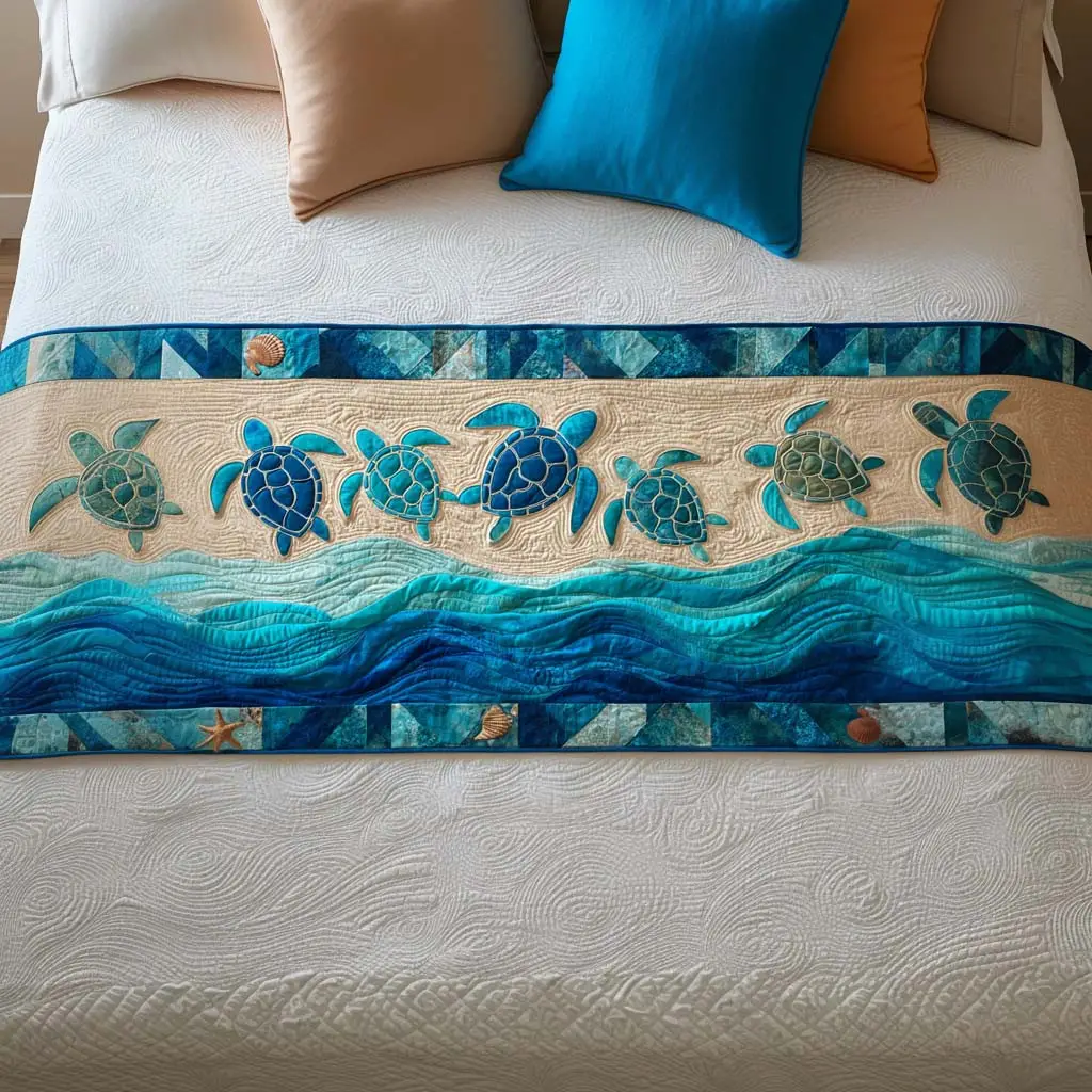 Turtle Journey Quilted Bed Runner Turtle Adventure Path Gift for Nature Lovers