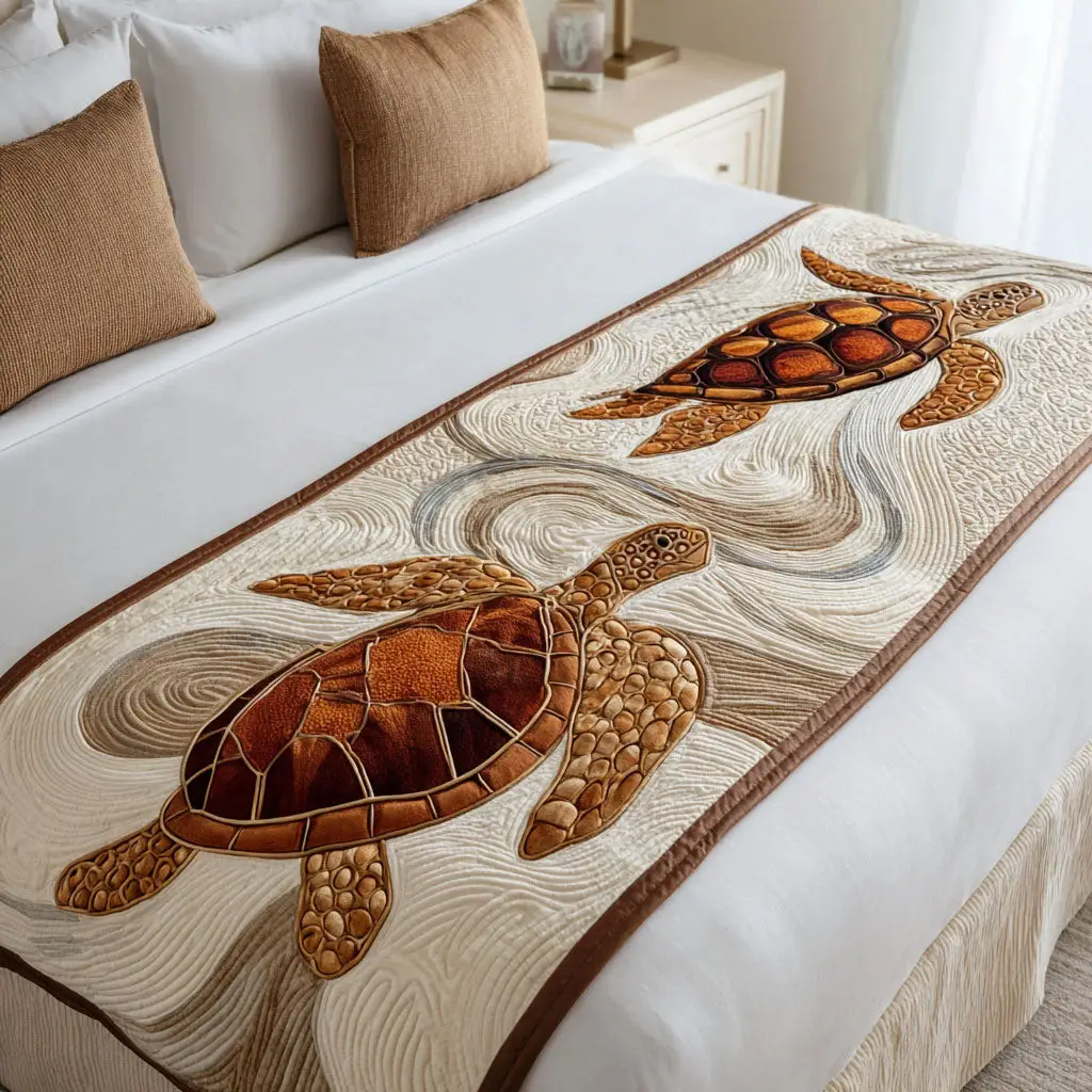 Turtle on the Dunes Quilted Bed Runner Turtle on the Dunes Coastal Gift for Ocean Families
