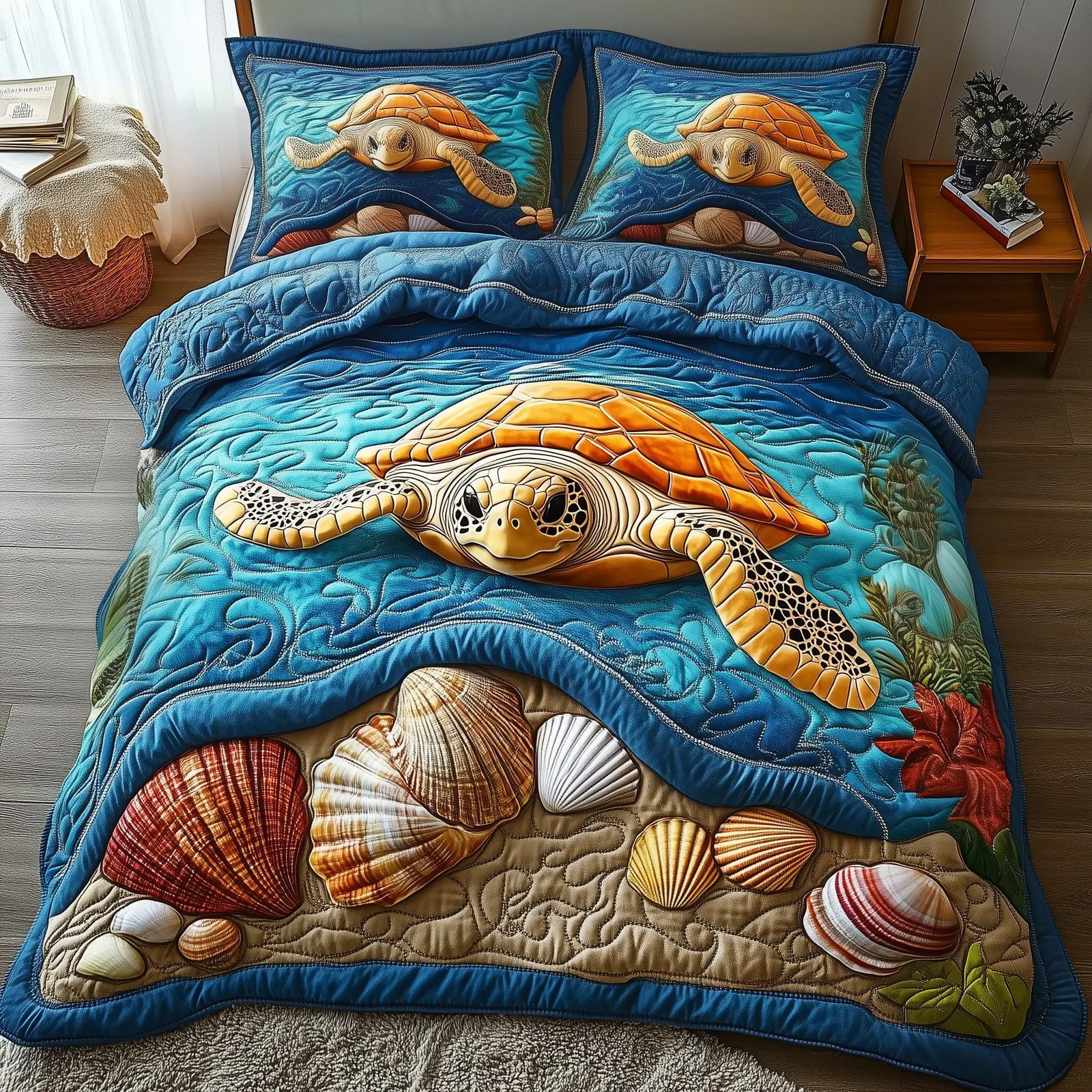 Turtle Quilted Bedding Set Duvet Cover Bedspread Sea Theme Gitfs For Sea Lovers