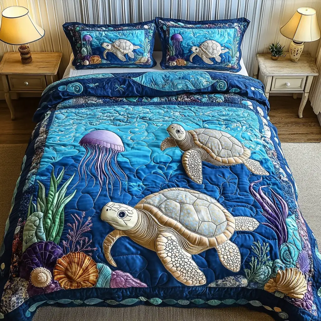 Turtle Tranquil Quilted Bedding Set Unique Bedding Gift for Family Gatherings