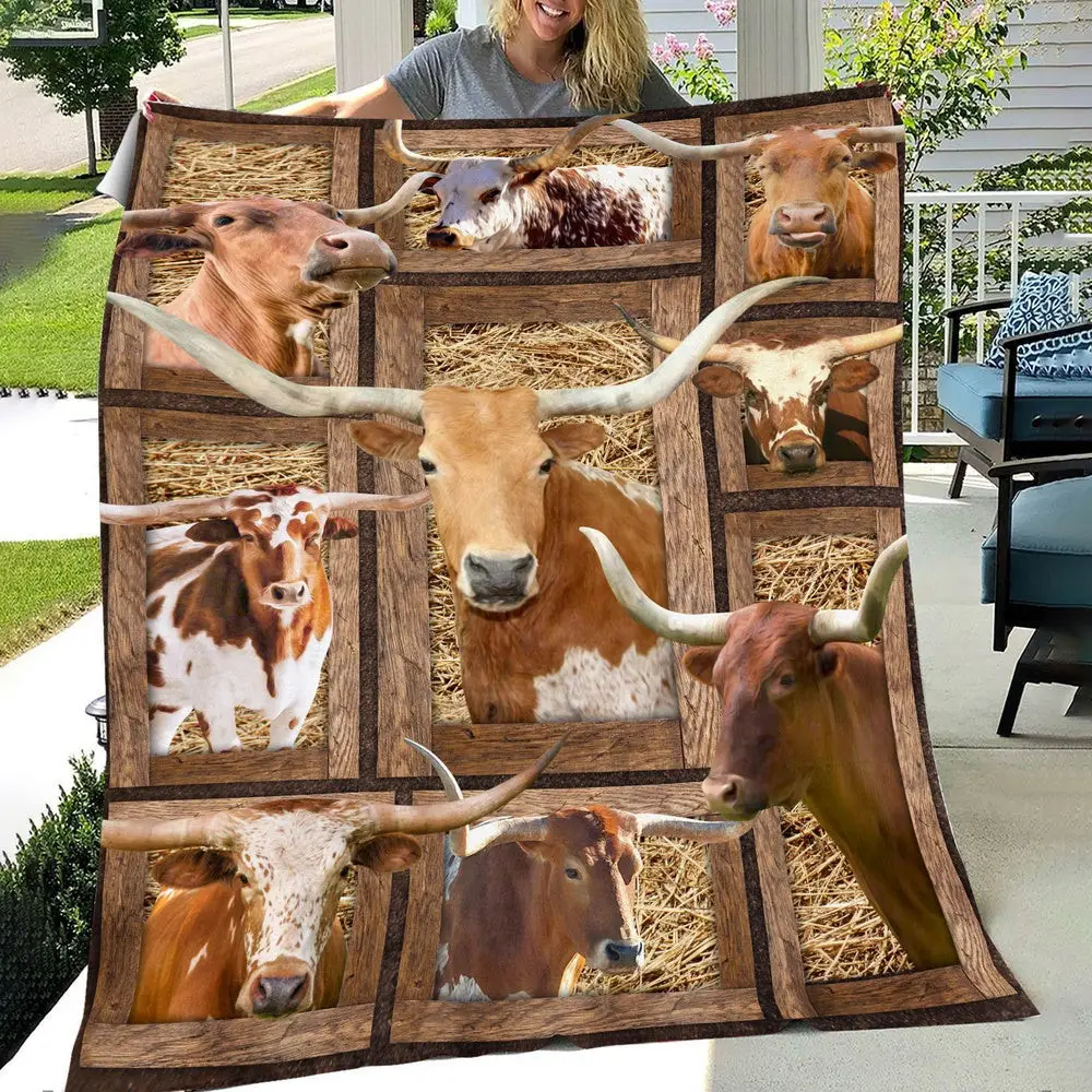 TX Longhorn In Farm All Printed 3D Blanket Farm Blanket Unique Gifts For Farmers