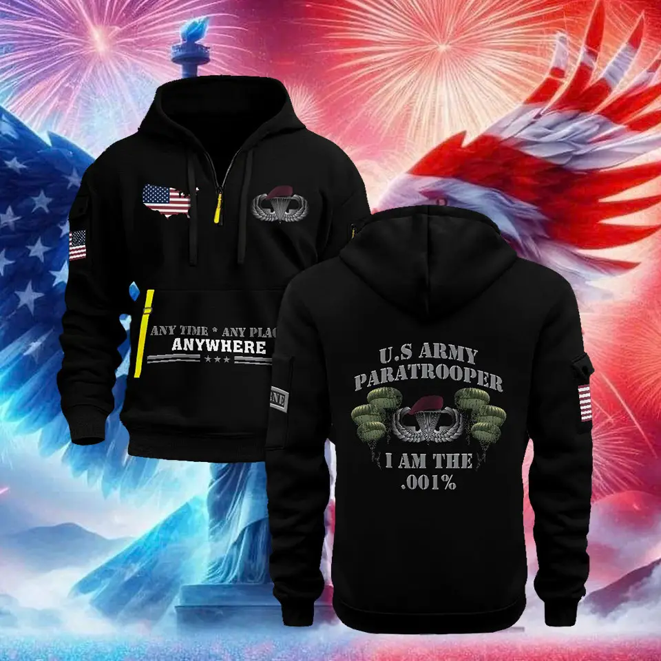 U.S Army Paratrooper Veteran Quarter Zip Hoodie Anywhere Apparel Veteran Gifts