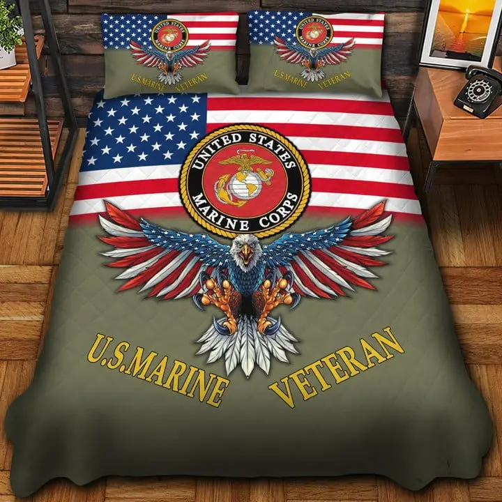 U.S Marine Veteran Quilted Bedding Set Duvet Cover Bedspread Eagle USA Flag Veteran Gifts U.S Marine Veteran Quilted Bedding Set Duvet Cover Bedspread Eagle USA Flag Veteran Gifts - Image 1
