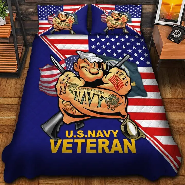 U.S Navy Veteran Quilted Bedding Set Duvet Cover Bedspread Bedroom Decor Gifts For Him