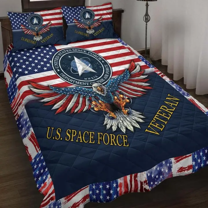 U.S Space Force Veteran Quilted Bedding Set Duvet Cover Bedspread Eagle USA Flag Veteran Gift Ideas