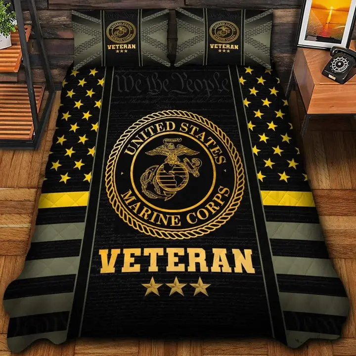 U.S Veteran Marine Corps Quilted Bedding Set Duvet Cover Bedspread Marine Veteran Gift Ideas