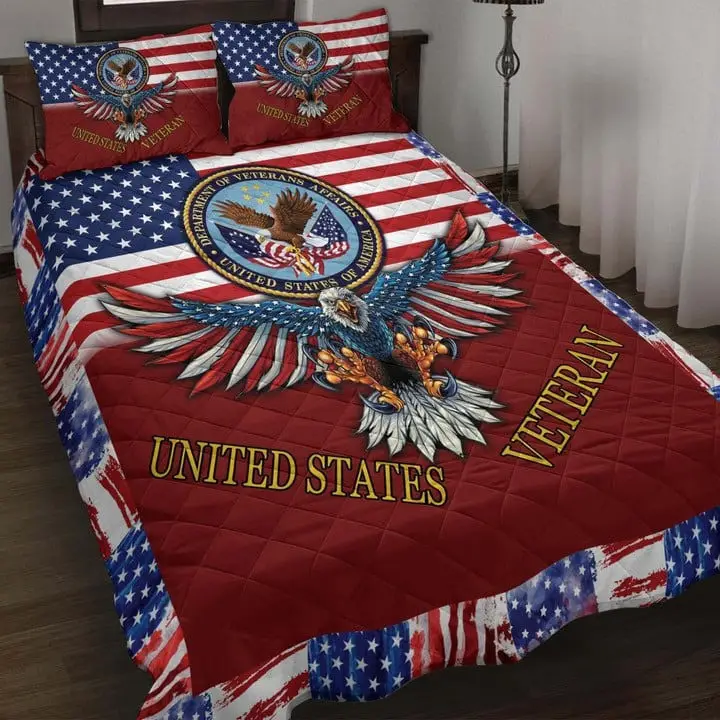 U.S Veteran Quilted Bedding Set Duvet Cover Bedspread Eagle America Flag Veteran Gift Ideas
