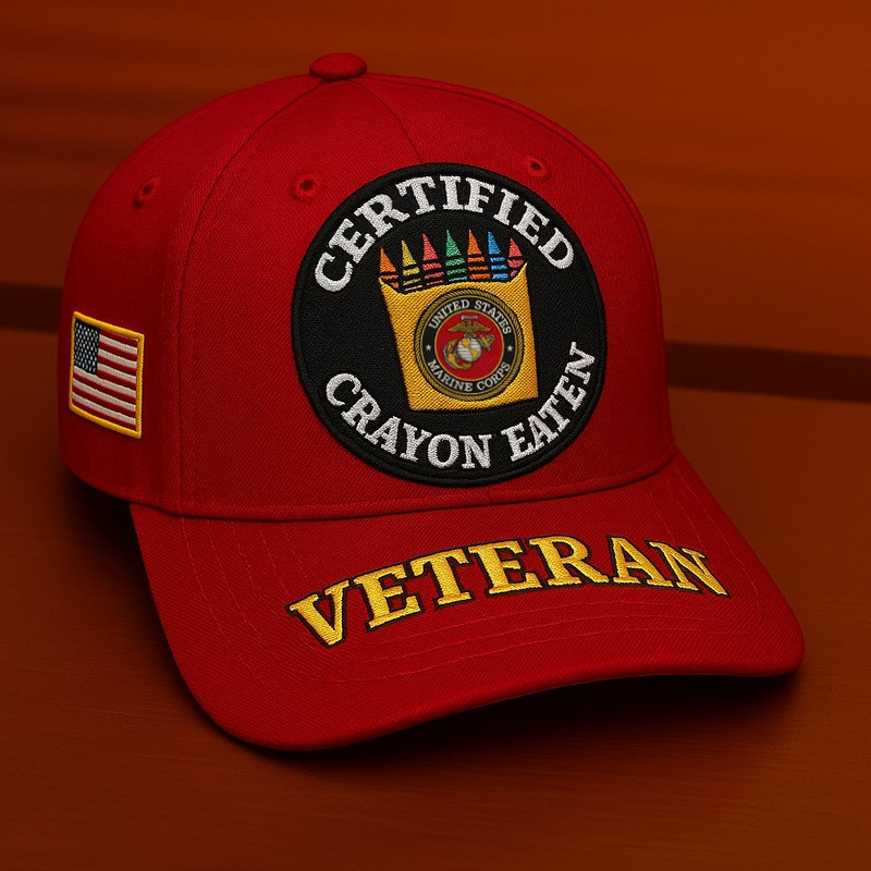 U.S. Marine Corps Veteran Cap Certified Crayon Eaten USA Flag Patriotic Military Gift Ideas