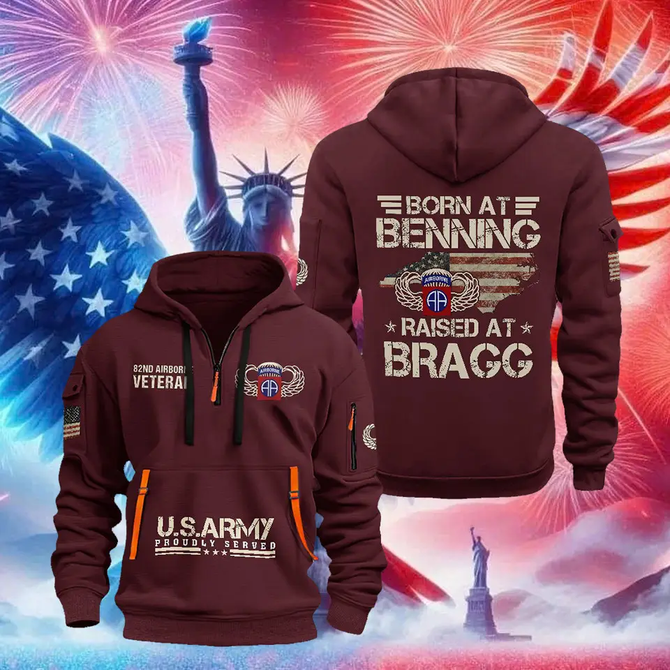 U.S.Army 82nd Airborne Veteran Quarter Zip Hoodie Born At Benning Clothing Veteran Gifts
