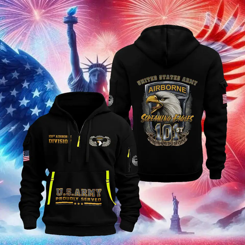 U.S.Army Veteran Quarter Zip Hoodie 101st Airborne Division Sreaming Eagle Merch Gifts